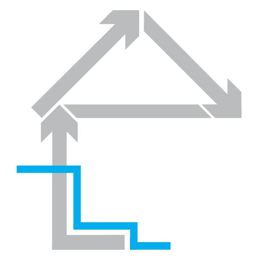 A drawing of a house with an arrow pointing upwards and a stair sign using a line.