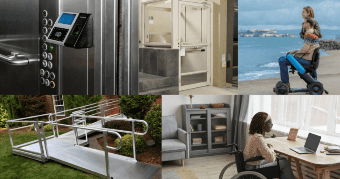 A collage photo showcasing various accessibility features using a wheelchair, ramp, and elevator.