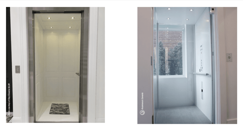 Images of modern home elevators, first with a closed glass door, and the second with an open door