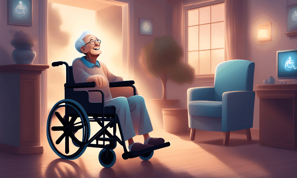 Illustration of an old man smile while sitting on the wheelchair inside the house.