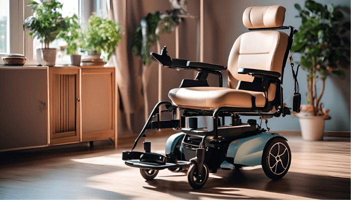 Shows a modern, sleek electric wheelchair positioned in a bright, sunlit room with wooden flooring