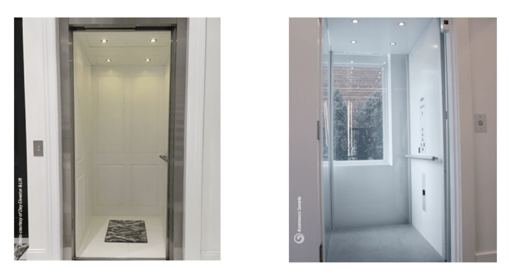 two modern home elevators: minimalist white interior , and the other featuring large glass windows 